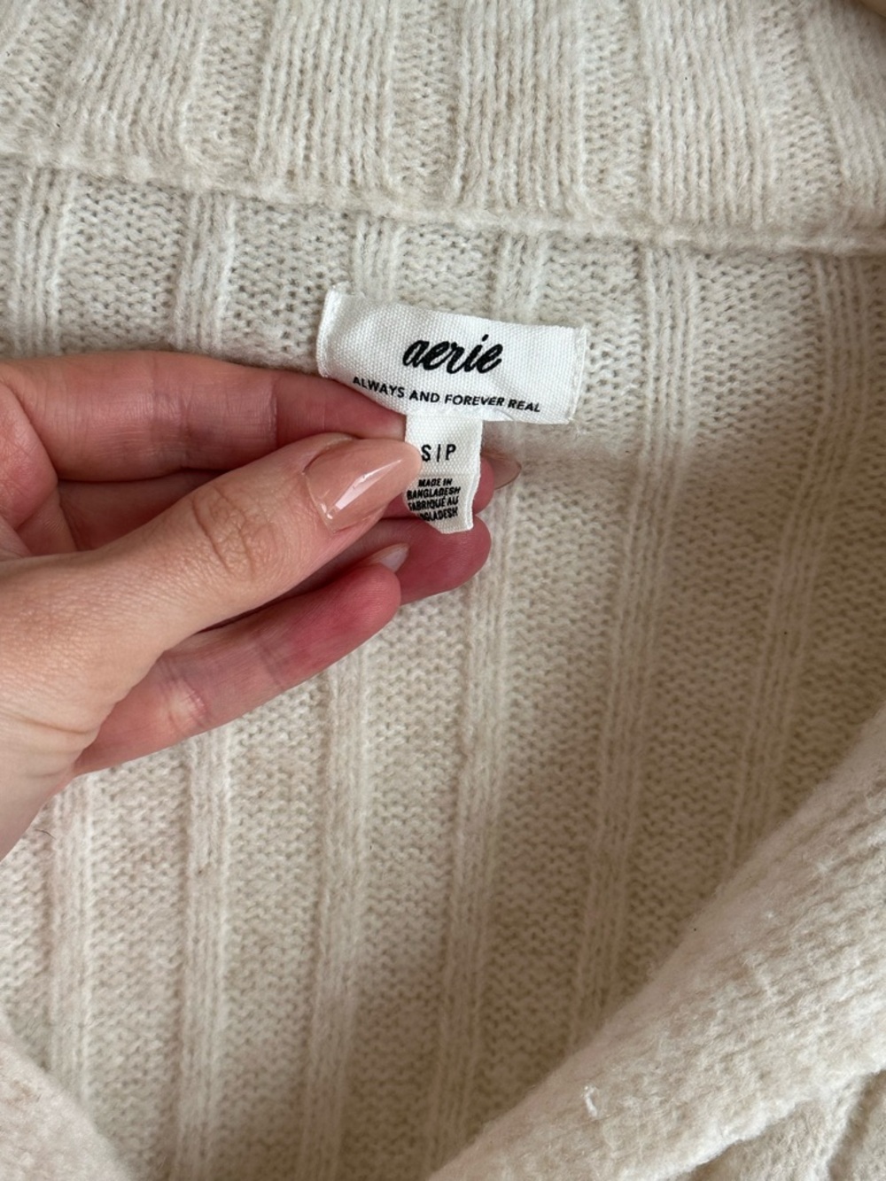 Aerie Cream Ribbed Button-Front Collar Sweater | Size Small - Picture 3 of 4